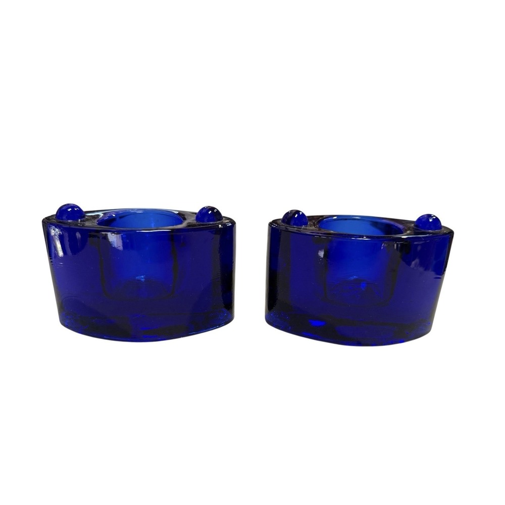 Vtg Cobalt Catseye By Handler Glass Stackable Votive Candle Holders (2) Taiwan